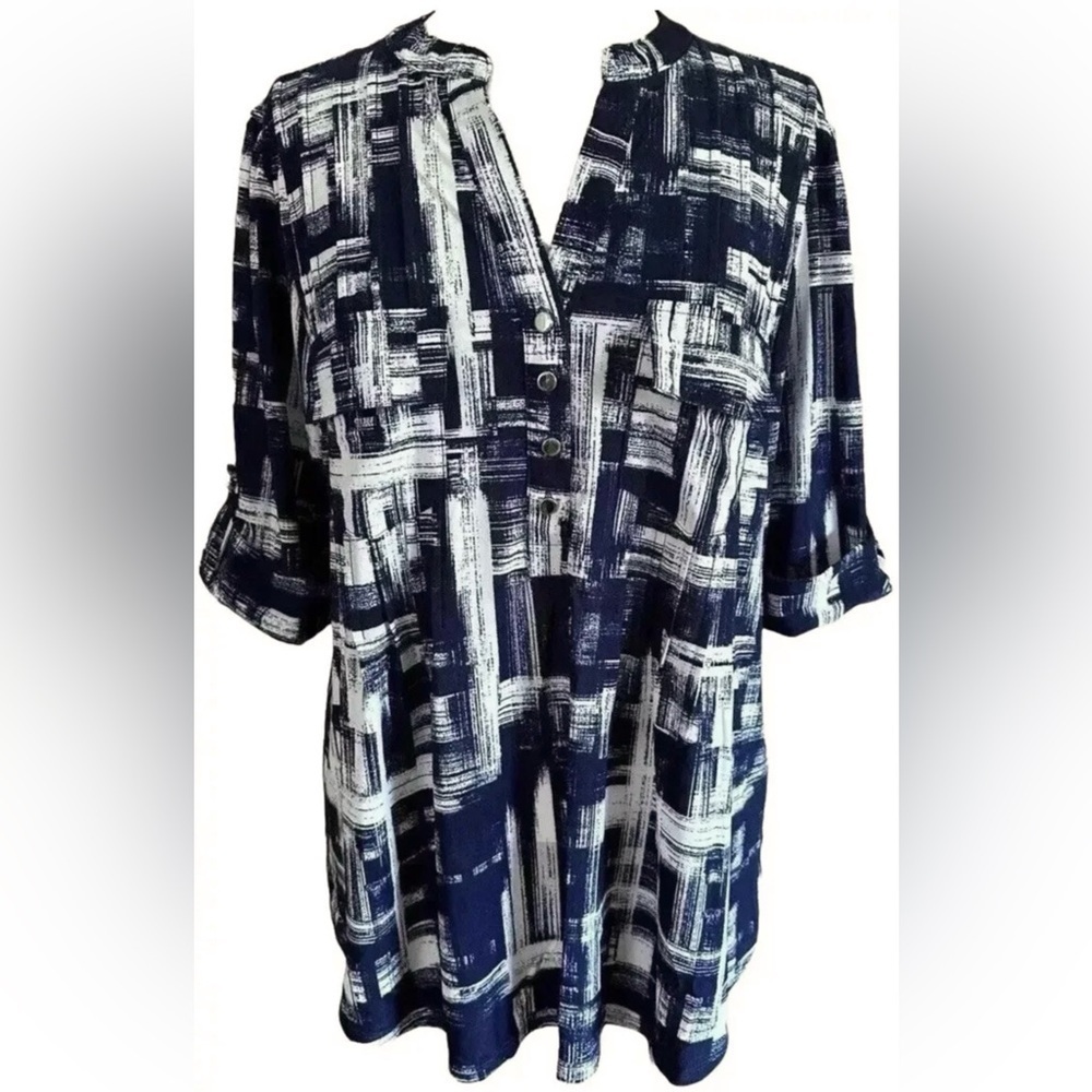 COCOMO 3X Blue White Plus Size elbow sleeve women's Blouse top tun…